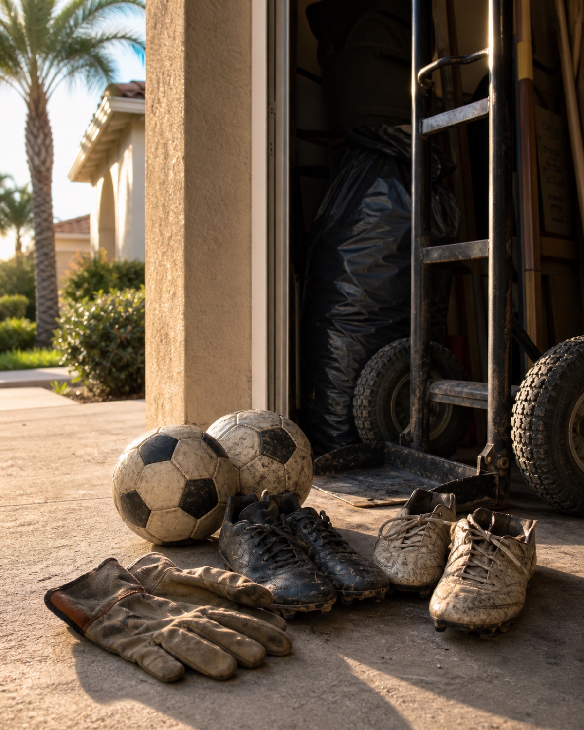Two pairs of soccer cleats, soccer balls, work gloves, and a hand truck in a Tampa garage