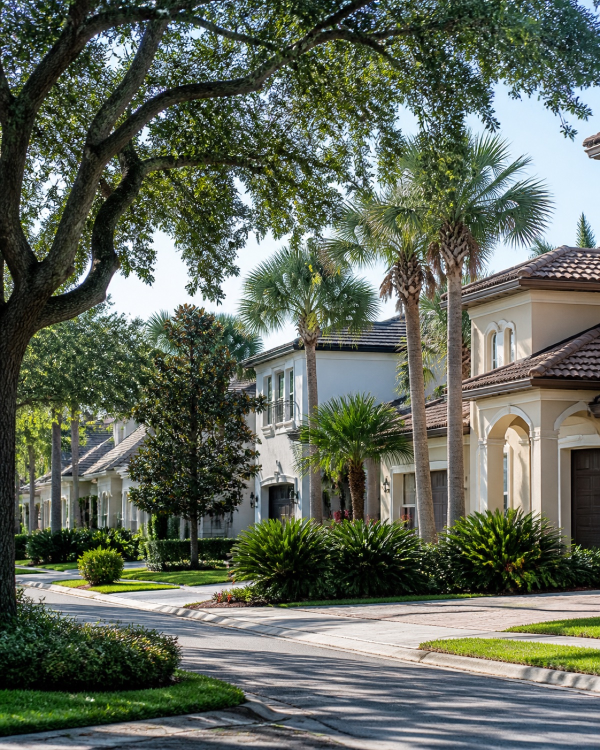 Palm-lined Tampa Bay neighborhood with stucco homes