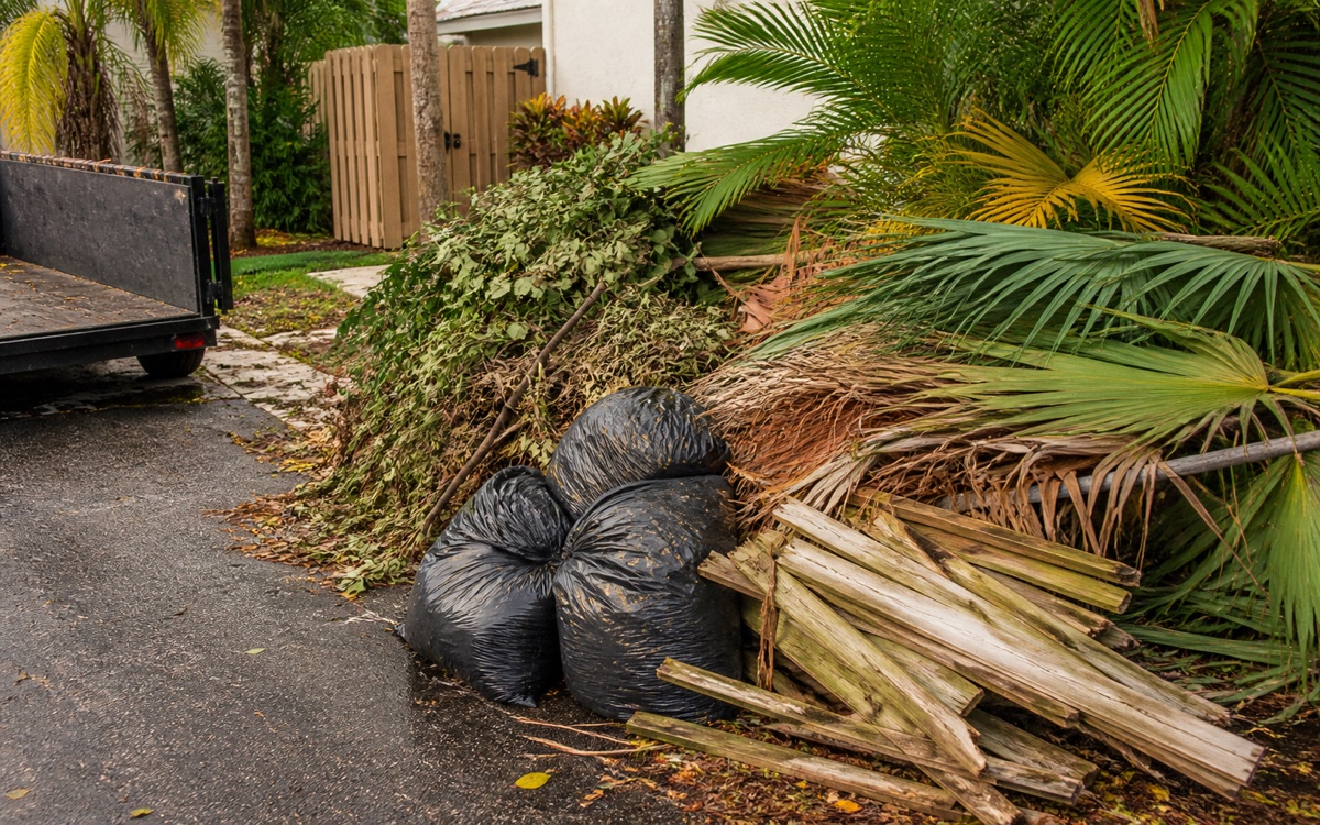 Palm fronds and yard debris staged beside a trailer in Tampa