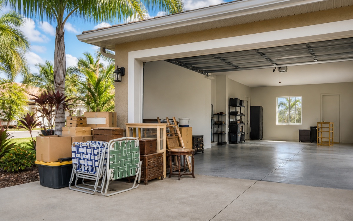 Partly cleared Tampa garage with boxes and furniture staged for removal