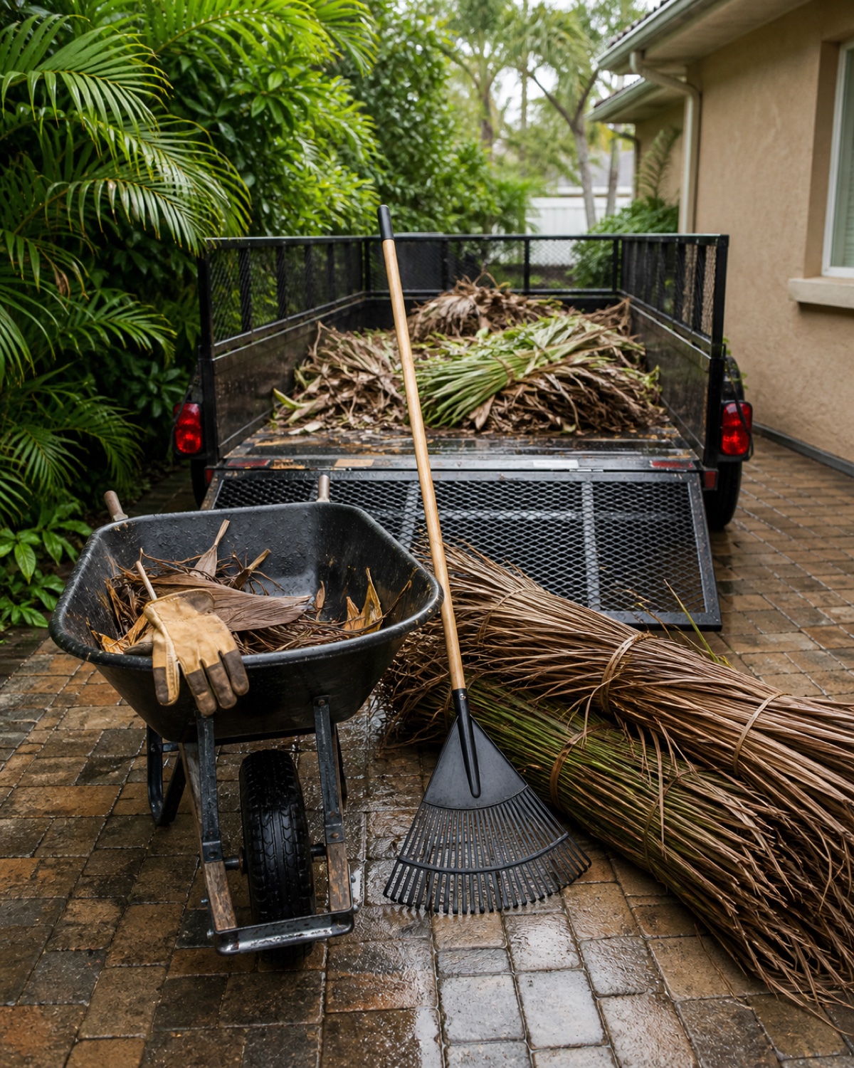 Wheelbarrow, rake, gloves, bundled palm fronds, and yard-waste trailer in Tampa