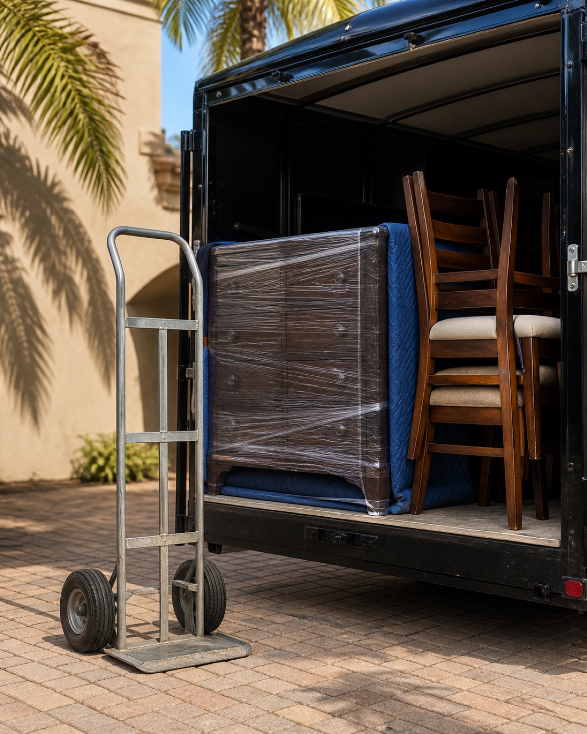 Wrapped dresser and stacked dining chairs ready to unload from a black trailer