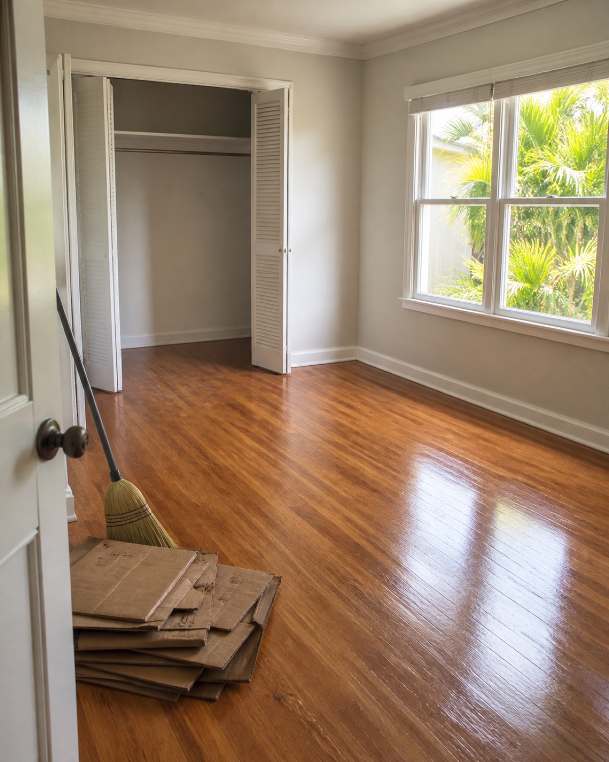 Empty swept room with flattened boxes after a Tampa house cleanout